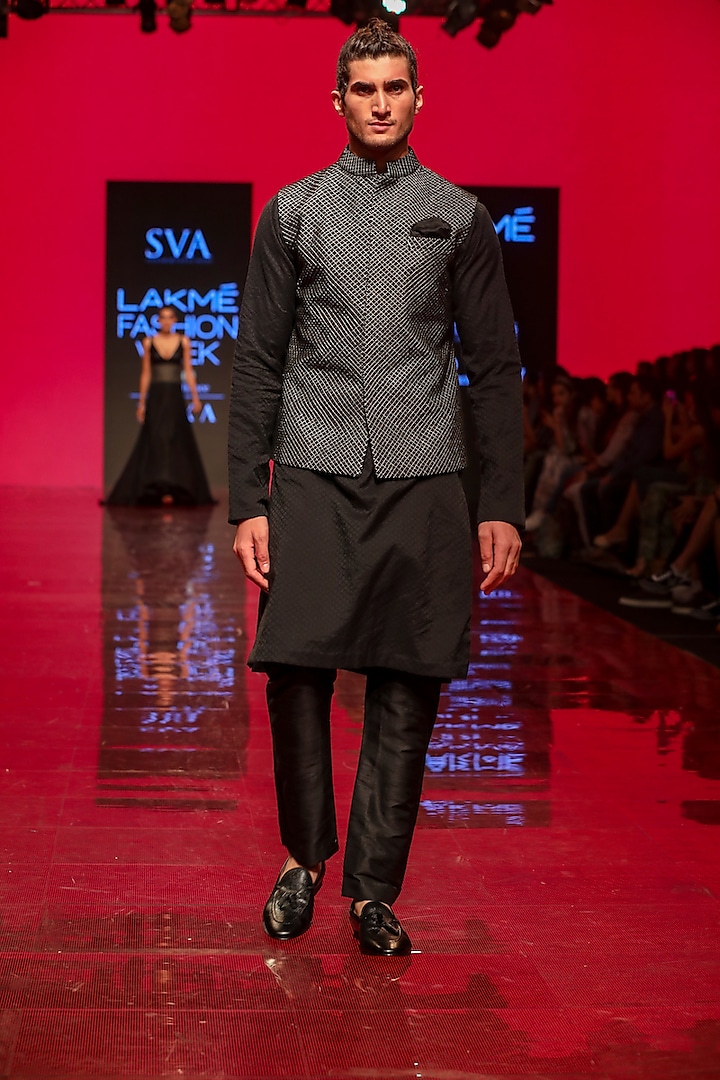 Black Tectured Bundi Jacket by SVA BY SONAM & PARAS MODI Men