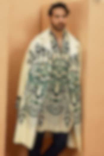 Ivory Crepe Geometric Printed Trench Coat by Sva By Sonam & Paras Modi Men