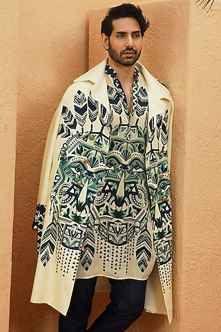 Ivory Crepe Geometric Printed Trench Coat by Sva By Sonam & Paras Modi Men