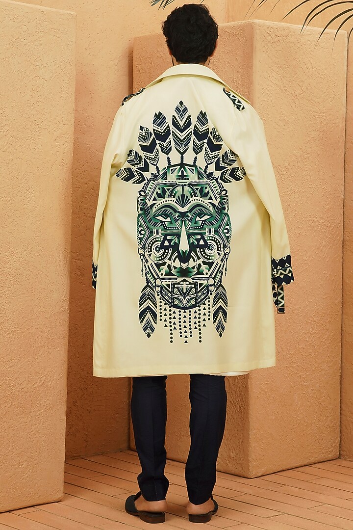 Ivory Crepe Geometric Printed Trench Coat by Sva By Sonam & Paras Modi Men at Pernia's Pop Up Shop