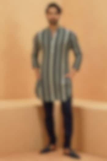 Midnight Blue Crepe Geometric Embroidered Kurta Set by Sva By Sonam & Paras Modi Men at Pernia's Pop Up Shop