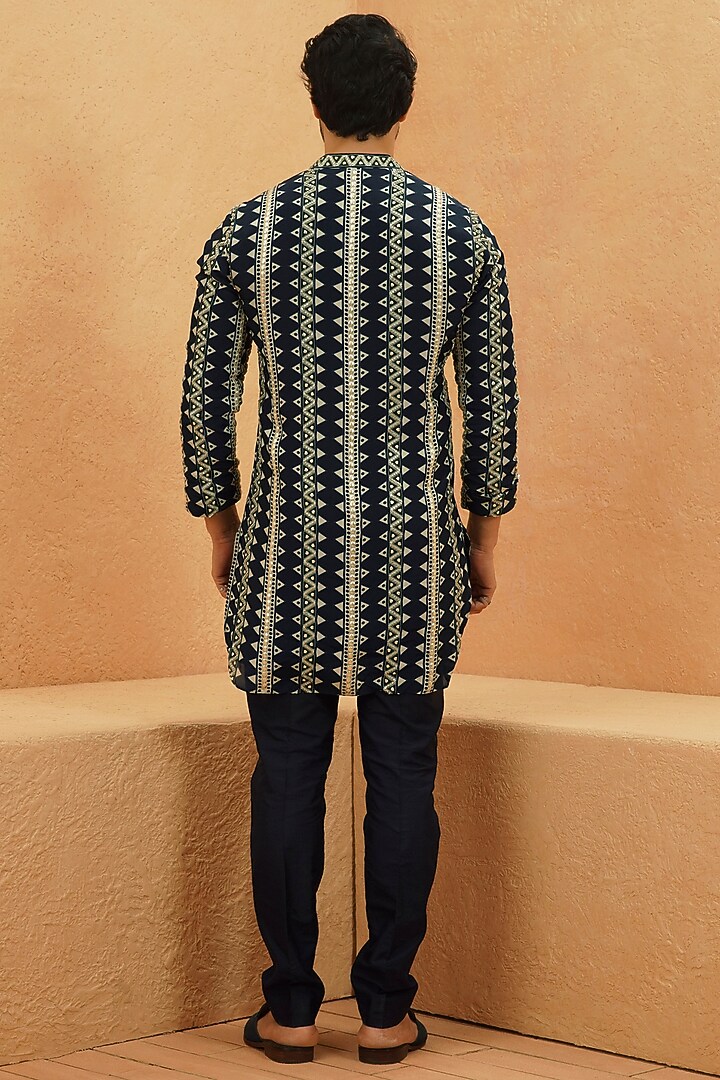 Midnight Blue Crepe Geometric Embroidered Kurta Set by Sva By Sonam & Paras Modi Men at Pernia's Pop Up Shop