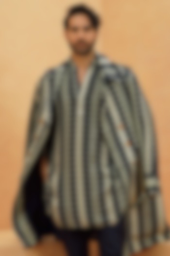Midnight Blue Crepe Geometric Trench Coat by Sva By Sonam & Paras Modi Men