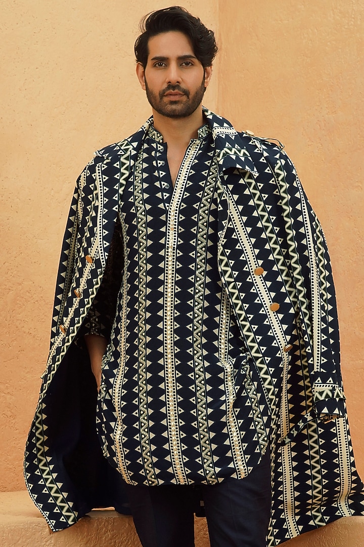 Midnight Blue Crepe Geometric Trench Coat by Sva By Sonam & Paras Modi Men