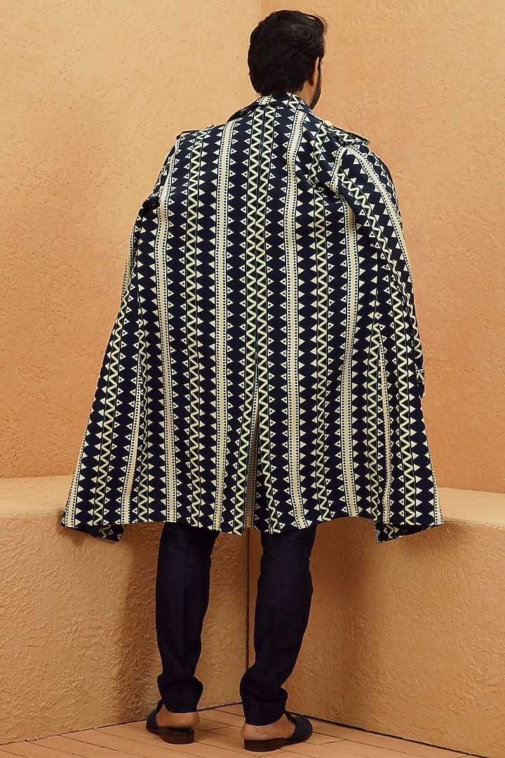 Midnight Blue Crepe Geometric Trench Coat by Sva By Sonam & Paras Modi Men at Pernia's Pop Up Shop