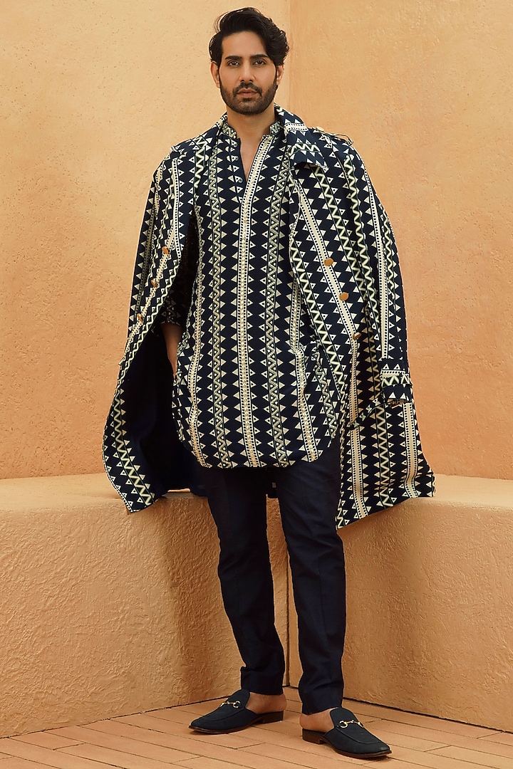 Midnight Blue Crepe Geometric Trench Coat by Sva By Sonam & Paras Modi Men at Pernia's Pop Up Shop