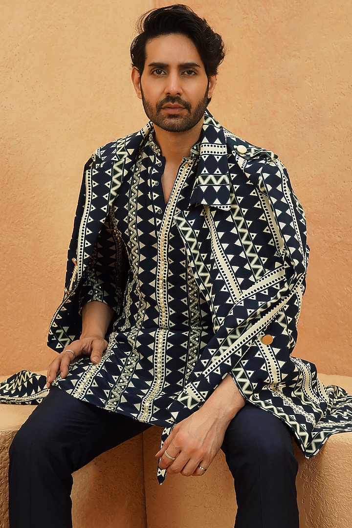 Midnight Blue Crepe Geometric Trench Coat by Sva By Sonam & Paras Modi Men at Pernia's Pop Up Shop