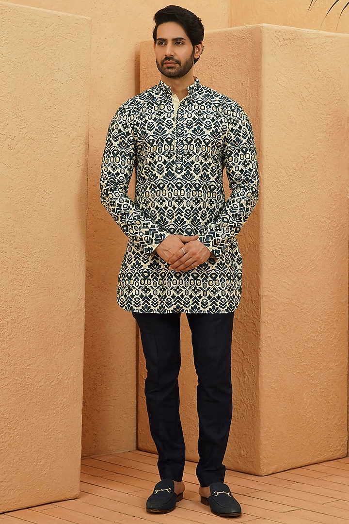 Ivory Silk Geometric Embellished Kurta Set by Sva By Sonam & Paras Modi Men at Pernia's Pop Up Shop