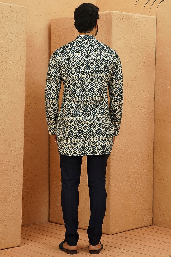 Ivory Silk Geometric Embellished Kurta Set by Sva By Sonam & Paras Modi Men at Pernia's Pop Up Shop