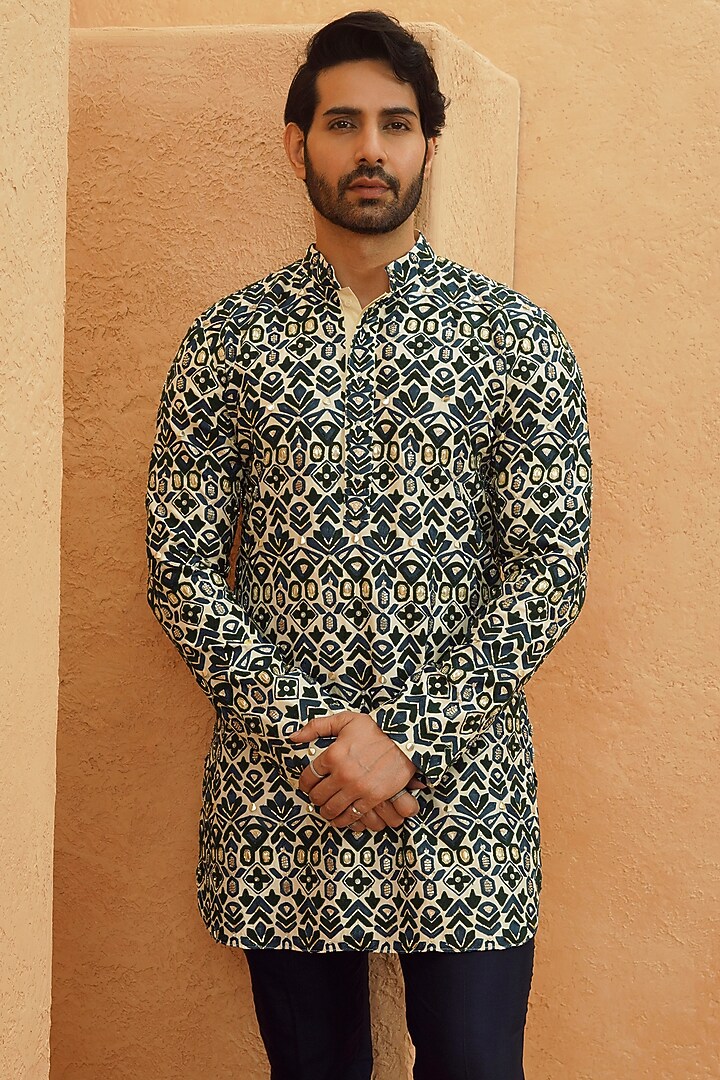 Ivory Silk Geometric Embellished Kurta Set by Sva By Sonam & Paras Modi Men at Pernia's Pop Up Shop