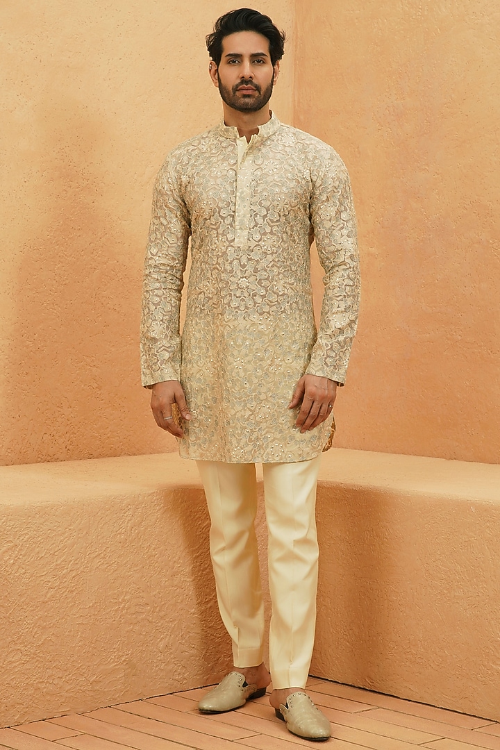 Ivory Organza Thread Embroidered Sheer Kurta Set by Sva By Sonam & Paras Modi Men at Pernia's Pop Up Shop