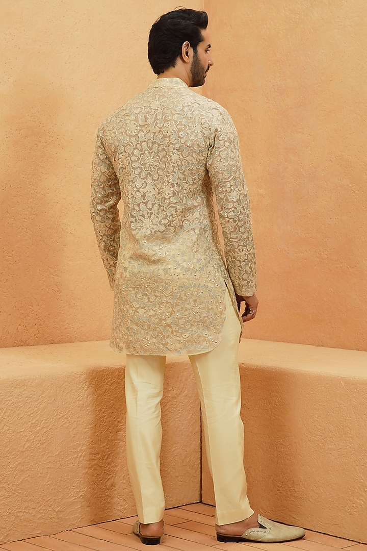 Ivory Organza Thread Embroidered Sheer Kurta Set by Sva By Sonam & Paras Modi Men at Pernia's Pop Up Shop