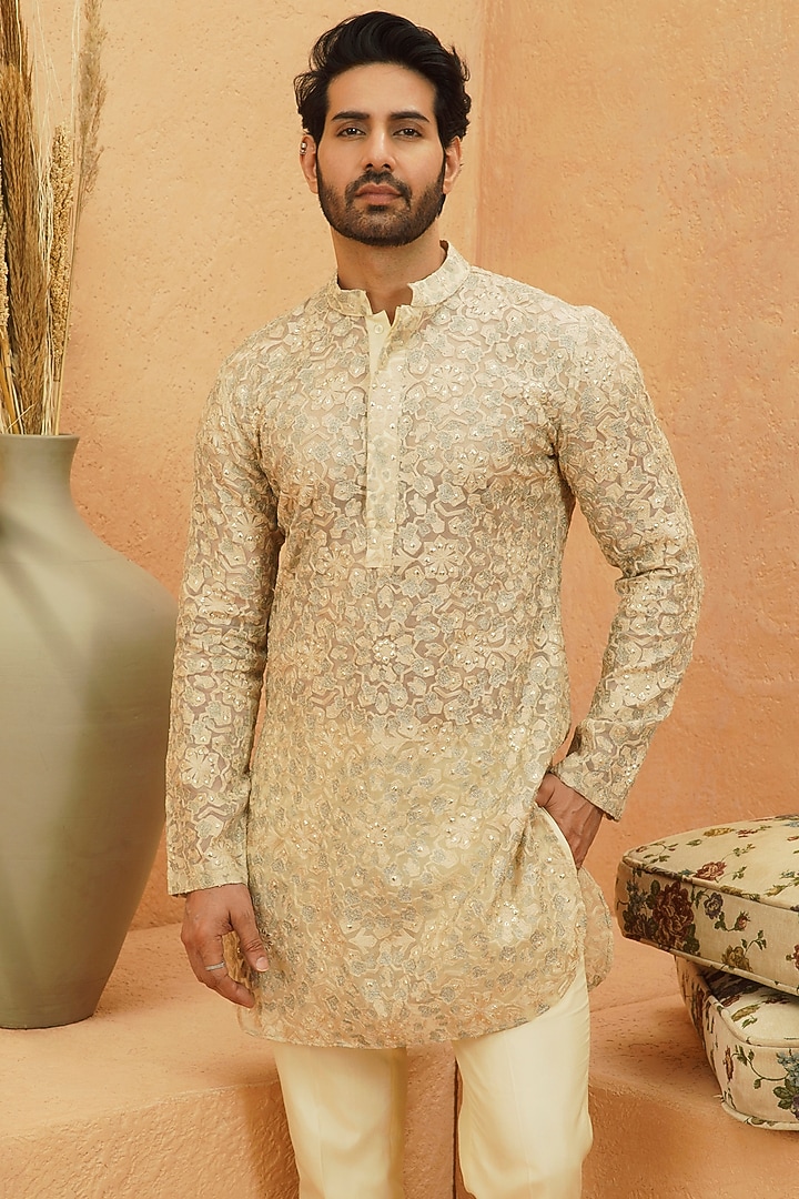Ivory Organza Thread Embroidered Sheer Kurta Set by Sva By Sonam & Paras Modi Men at Pernia's Pop Up Shop