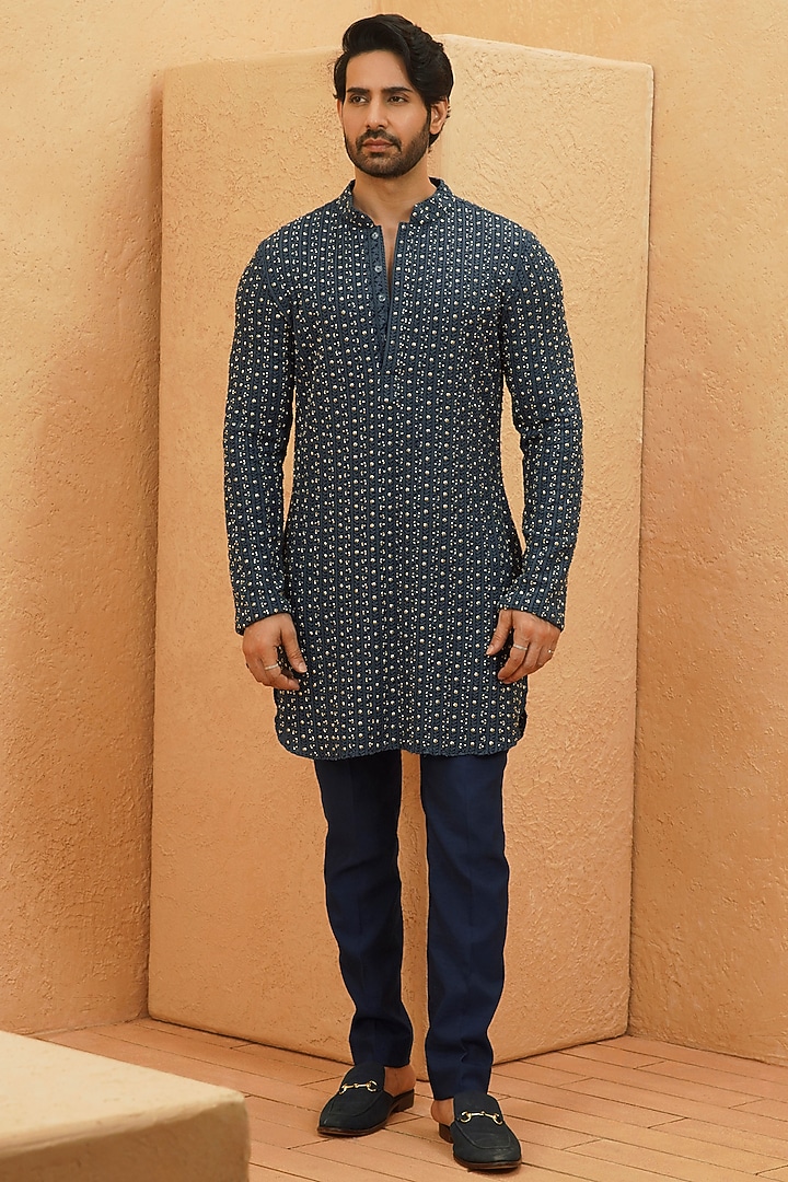 Midnight Blue Lucknowi Embellished Kurta Set by Sva By Sonam & Paras Modi Men at Pernia's Pop Up Shop