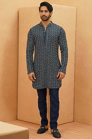 Midnight Blue Lucknowi Embellished Kurta Set by Sva By Sonam & Paras Modi Men
