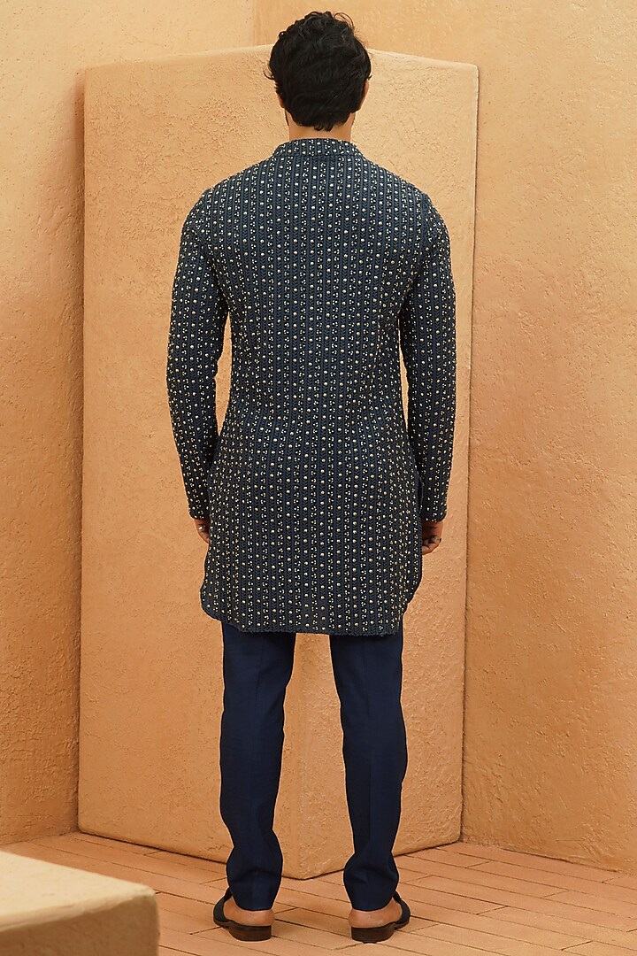 Midnight Blue Lucknowi Embellished Kurta Set by Sva By Sonam & Paras Modi Men at Pernia's Pop Up Shop