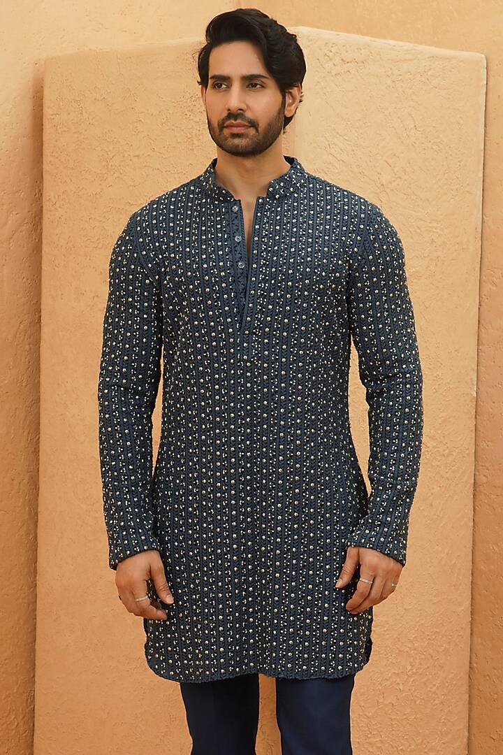 Midnight Blue Lucknowi Embellished Kurta Set by Sva By Sonam & Paras Modi Men at Pernia's Pop Up Shop