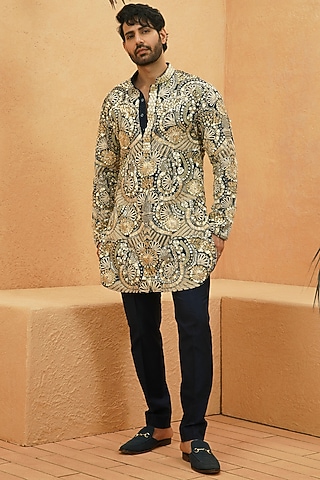 Navy Blue & Gold Crepe Abstract Embellished Kurta Set by Sva By Sonam & Paras Modi Men