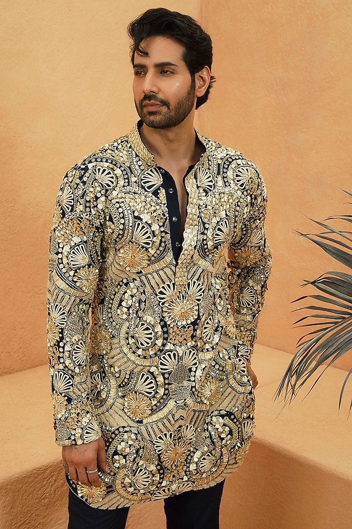 Navy Blue & Gold Crepe Abstract Embellished Kurta Set by Sva By Sonam & Paras Modi Men at Pernia's Pop Up Shop