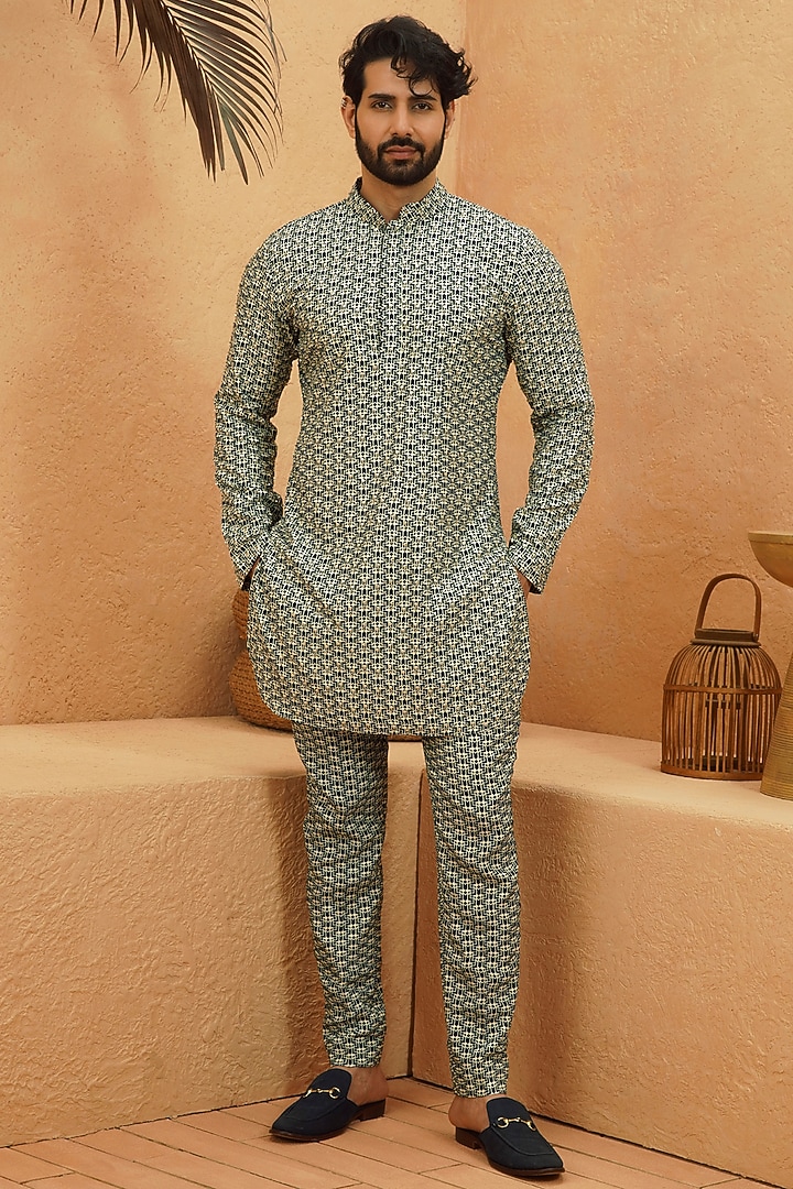 Multi-Colored Crepe Printed & Embellished Structured Kurta Set by Sva By Sonam & Paras Modi Men