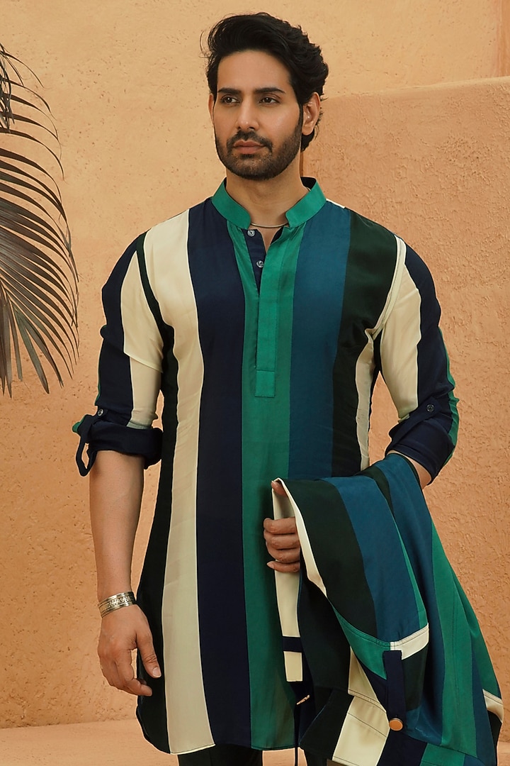 Multi-Colored Crepe Striped Kurta by Sva By Sonam & Paras Modi Men