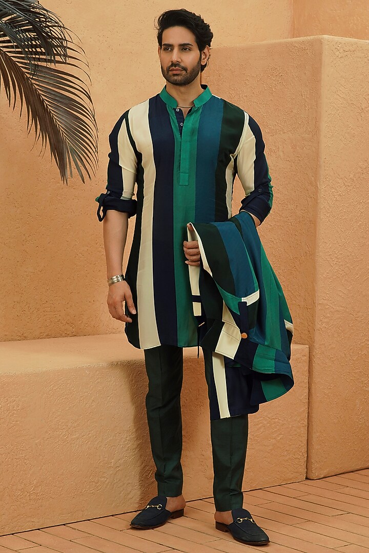 Multi-Colored Crepe Striped Kurta by Sva By Sonam & Paras Modi Men at Pernia's Pop Up Shop