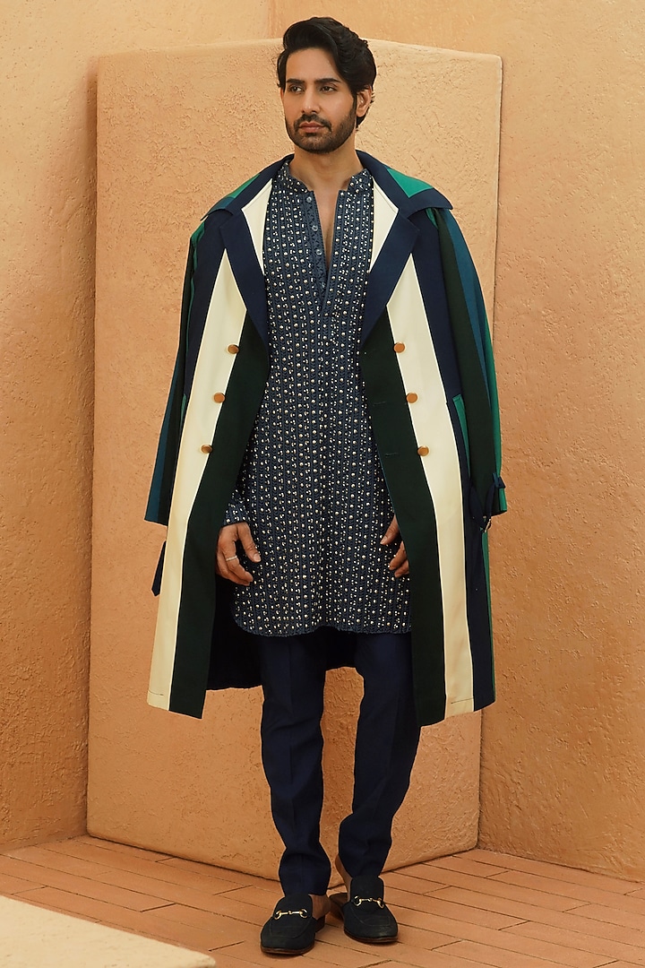 Multi-Colored Crepe Striped Trench Coat by Sva By Sonam & Paras Modi Men