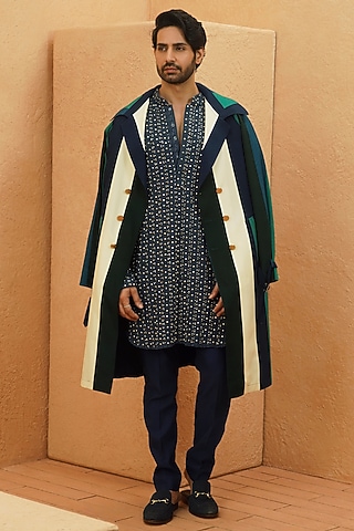 Multi-Colored Crepe Striped Trench Coat by Sva By Sonam & Paras Modi Men