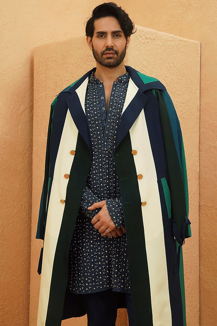Multi-Colored Crepe Striped Trench Coat by Sva By Sonam & Paras Modi Men at Pernia's Pop Up Shop