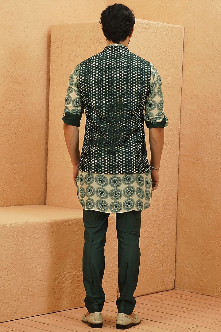 Emerald Silk & Crepe Cutwork Bundi Jacket by Sva By Sonam & Paras Modi Men at Pernia's Pop Up Shop