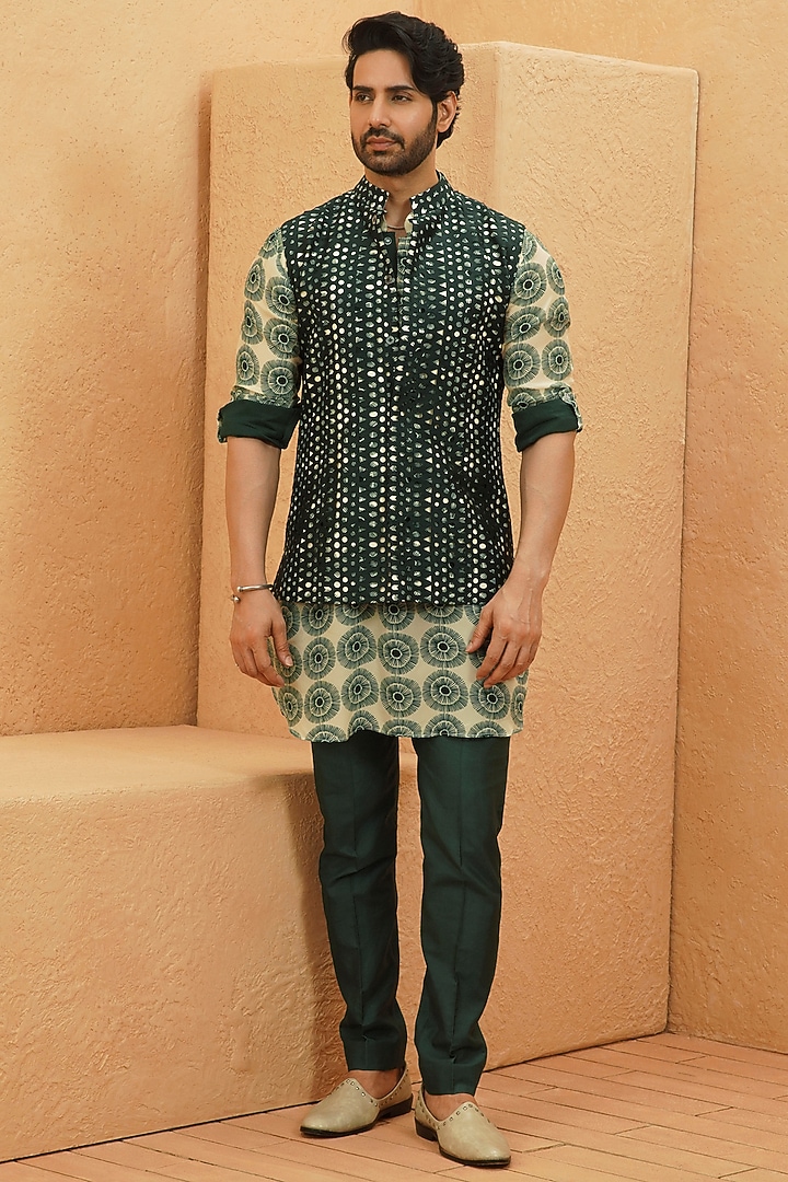 Emerald Silk & Crepe Cutwork Bundi Jacket by Sva By Sonam & Paras Modi Men at Pernia's Pop Up Shop