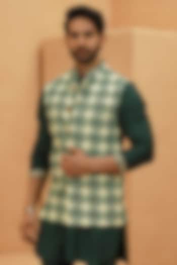 Ivory Crepe Printed Bundi Jacket by Sva By Sonam & Paras Modi Men