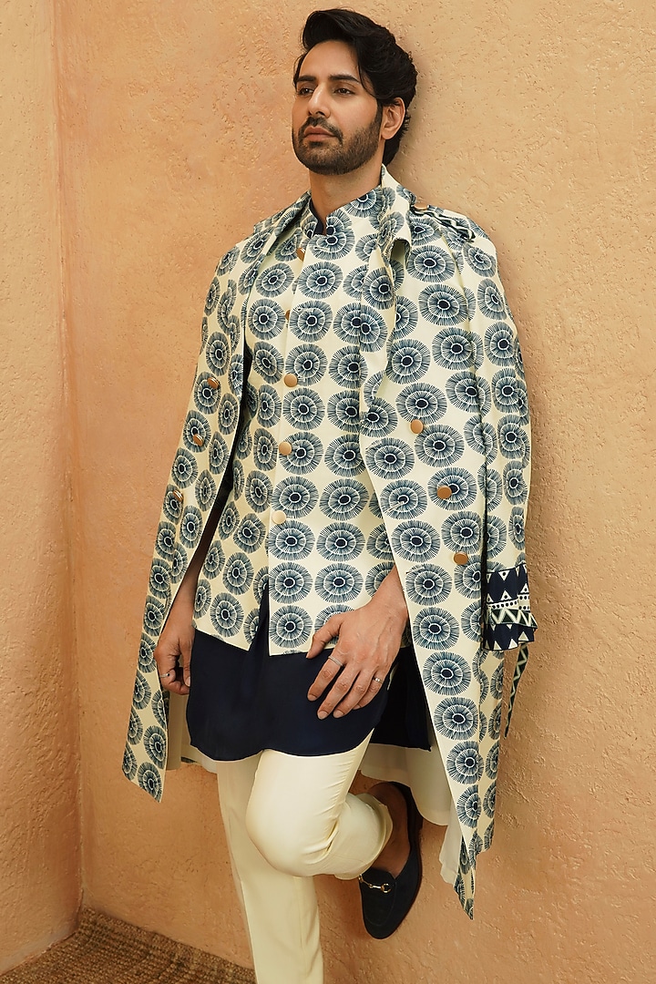 Midnight Blue Crepe Trench Coat by Sva By Sonam & Paras Modi Men