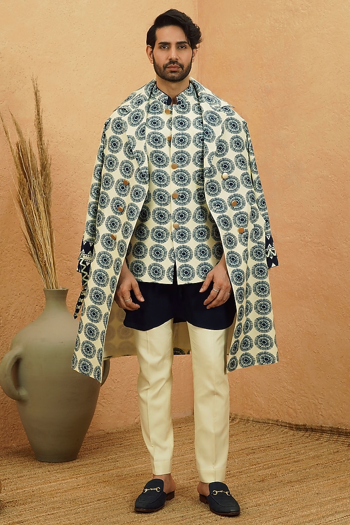 Midnight Blue Crepe Trench Coat by Sva By Sonam & Paras Modi Men at Pernia's Pop Up Shop