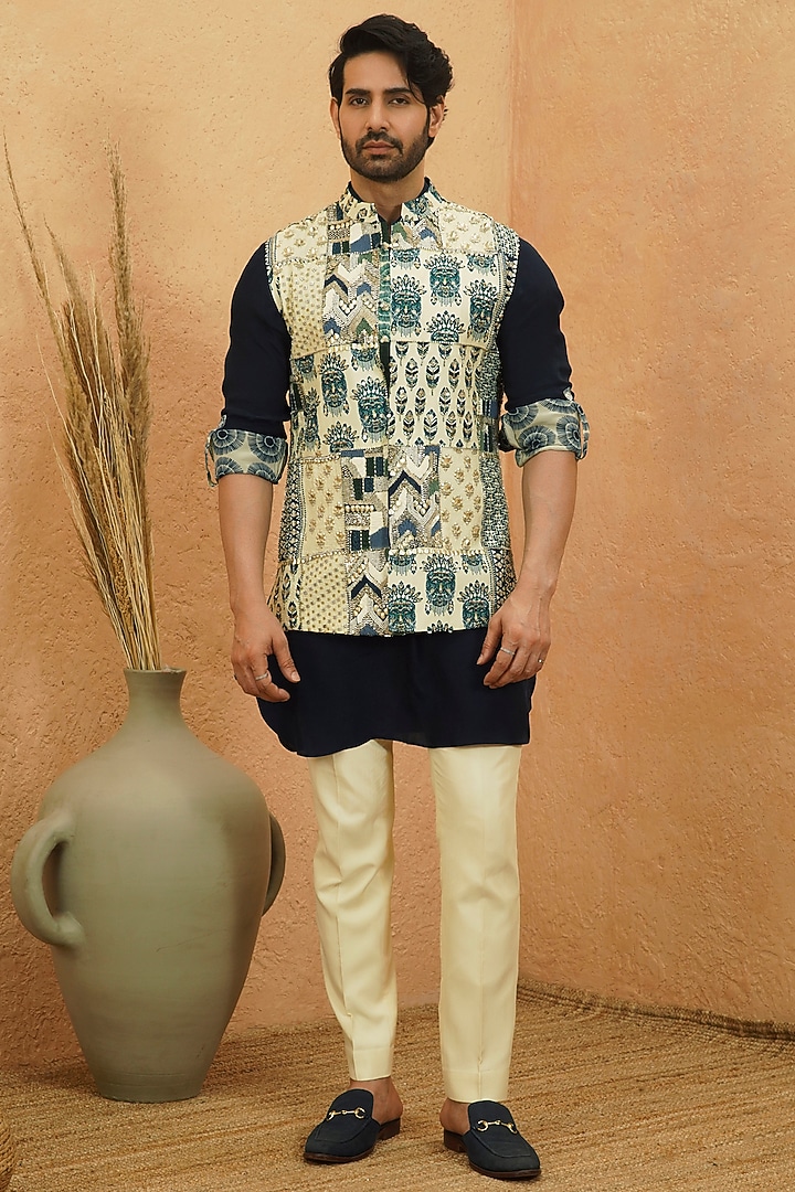 Multi-Colored Silk Printed Patch Work Bundi Jacket Set by Sva By Sonam & Paras Modi Men
