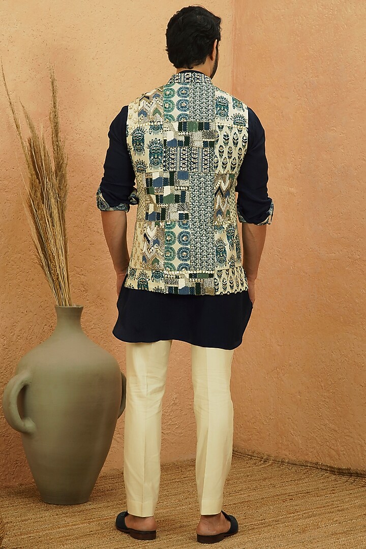 Multi-Colored Silk Printed Patch Work Bundi Jacket Set by Sva By Sonam & Paras Modi Men at Pernia's Pop Up Shop