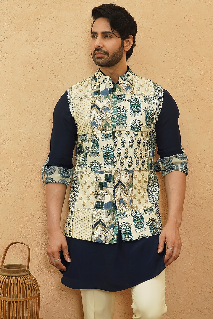 Multi-Colored Silk Printed Patch Work Bundi Jacket Set by Sva By Sonam & Paras Modi Men at Pernia's Pop Up Shop