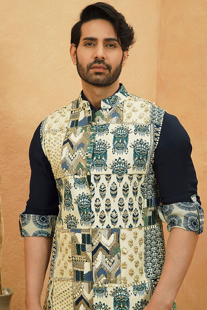 Multi-Colored Silk Printed Patch Work Bundi Jacket Set by Sva By Sonam & Paras Modi Men at Pernia's Pop Up Shop