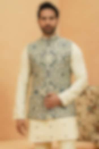 Ivory Raw Silk Geometric Embroidered Bundi Jacket by Sva By Sonam & Paras Modi Men