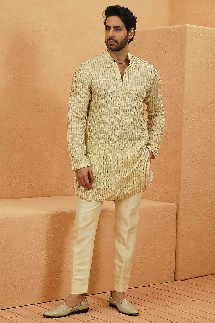 Ivory Silk Embellished Kurta Set by Sva By Sonam & Paras Modi Men