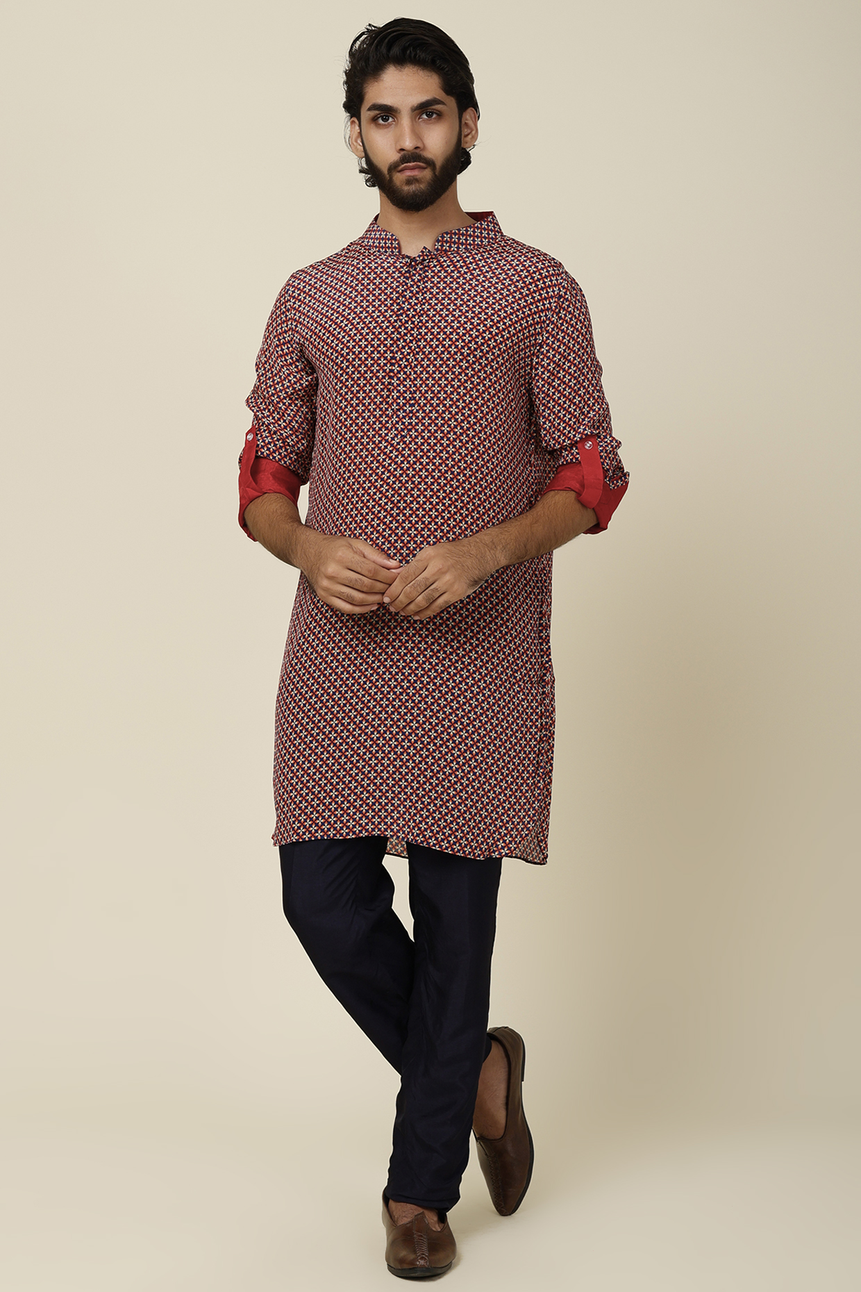 Red Geometric Printed Kurta by Sva By Sonam & Paras Modi Men at Pernia's Pop Up Shop