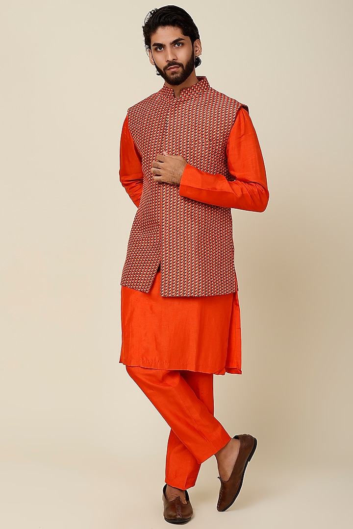 Orange Printed Bundi Jacket by Sva By Sonam & Paras Modi Men