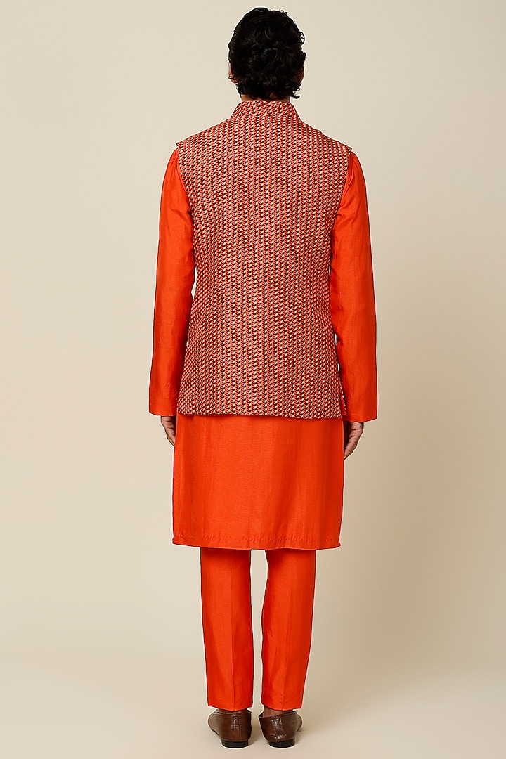 Orange Crepe Silk Leaf Printed Bundi Jacket by Sva By Sonam & Paras Modi Men at Pernia's Pop Up Shop