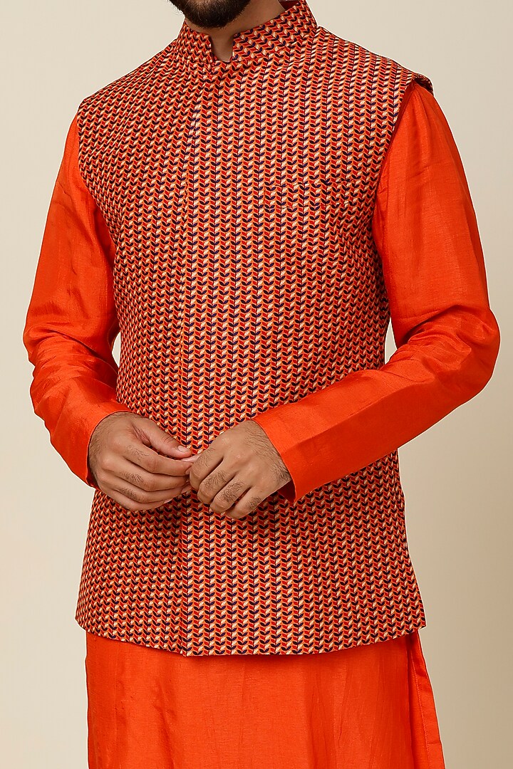 Orange Crepe Silk Leaf Printed Bundi Jacket by Sva By Sonam & Paras Modi Men at Pernia's Pop Up Shop