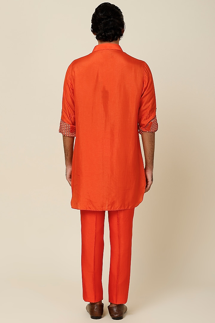 Orange Crepe Silk leaf Printed Kurta by Sva By Sonam & Paras Modi Men at Pernia's Pop Up Shop