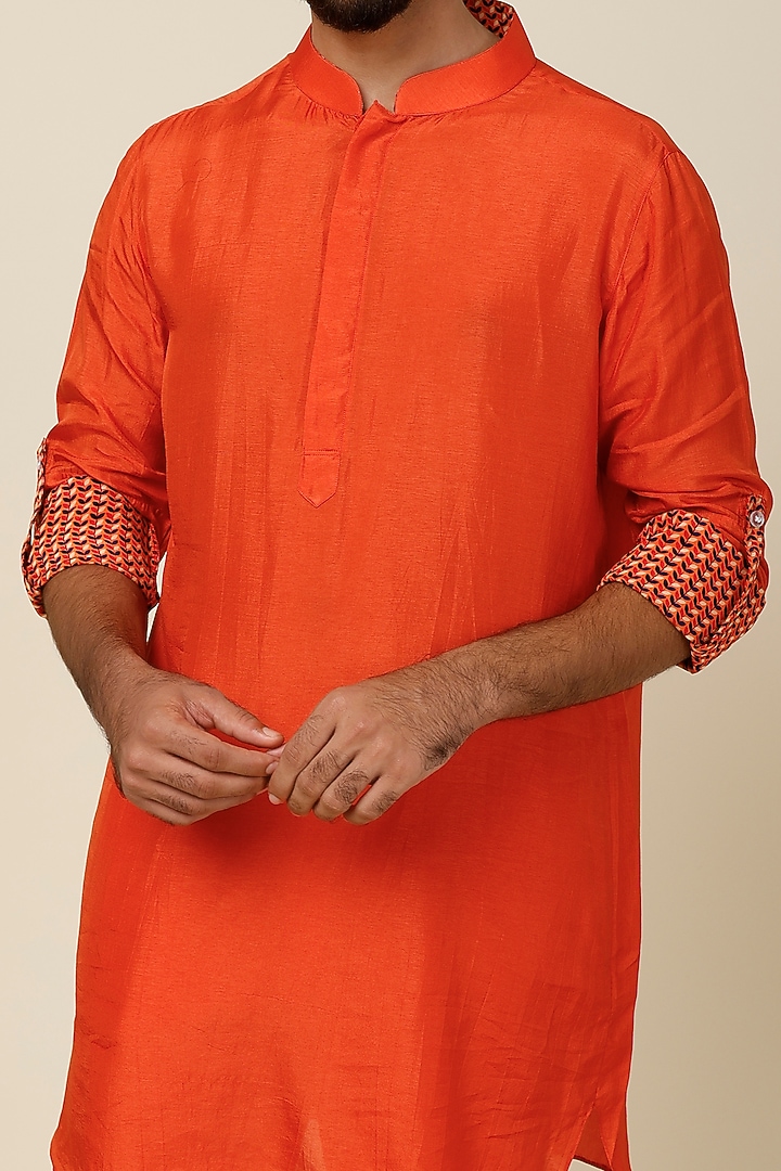 Orange Crepe Silk leaf Printed Kurta by Sva By Sonam & Paras Modi Men at Pernia's Pop Up Shop