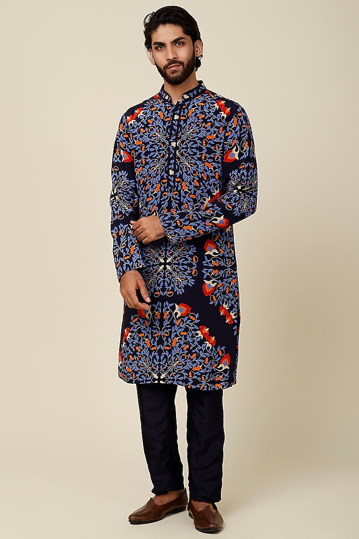 Cobalt Blue Printed Kurta Set by Sva By Sonam & Paras Modi Men