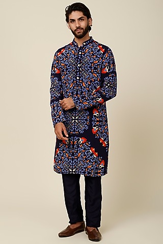 Cobalt Blue Printed Kurta Set by Sva By Sonam & Paras Modi Men