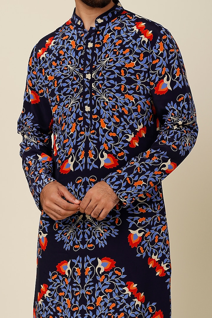 Cobalt Blue Printed Kurta Set by Sva By Sonam & Paras Modi Men at Pernia's Pop Up Shop