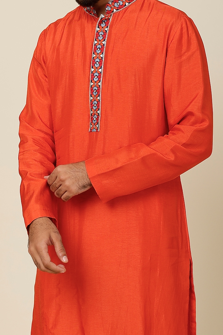 Orange Crepe Silk leaf Printed Kurta by Sva By Sonam & Paras Modi Men at Pernia's Pop Up Shop